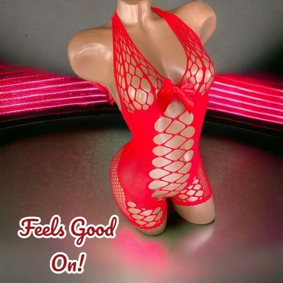 Red Hot l Feels Good On! l Red l Lingerie Romper, Shorts l Soft Mesh l Bow l New - Picture 1 of 8